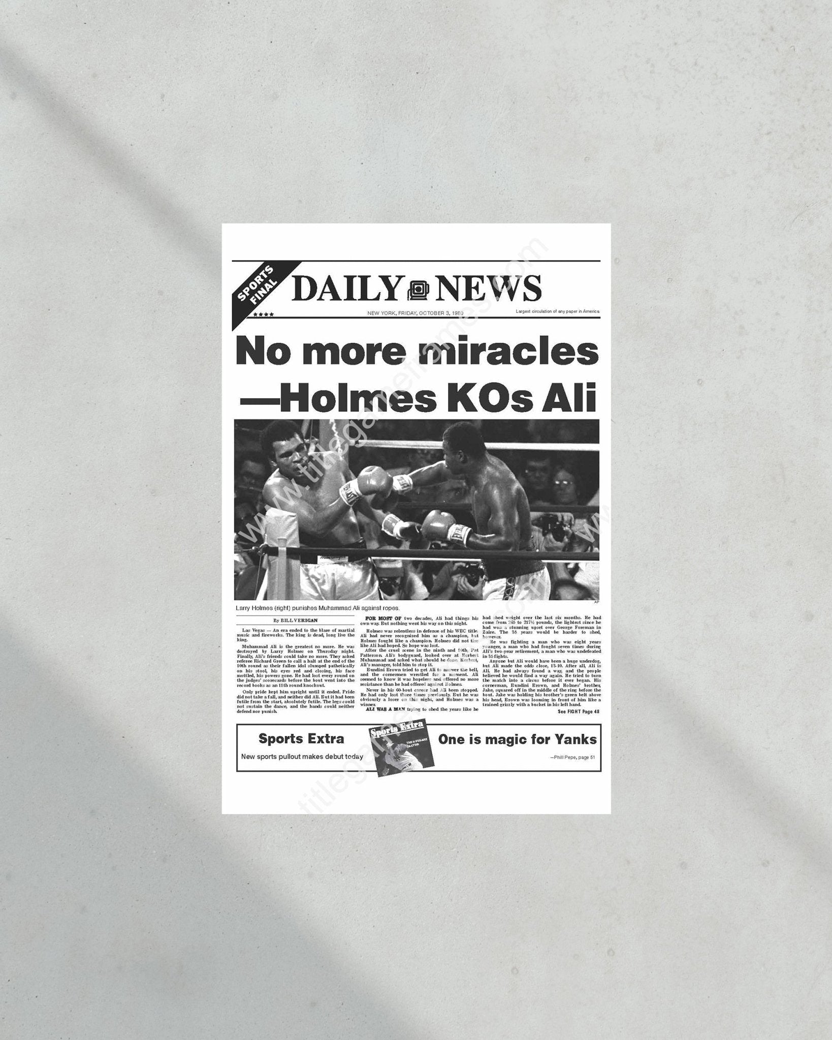 1980 Larry Holmes Defeats Muhammad Ali Heavyweight Championship Boxing Framed Front Page Newspaper Print - Title Game Frames