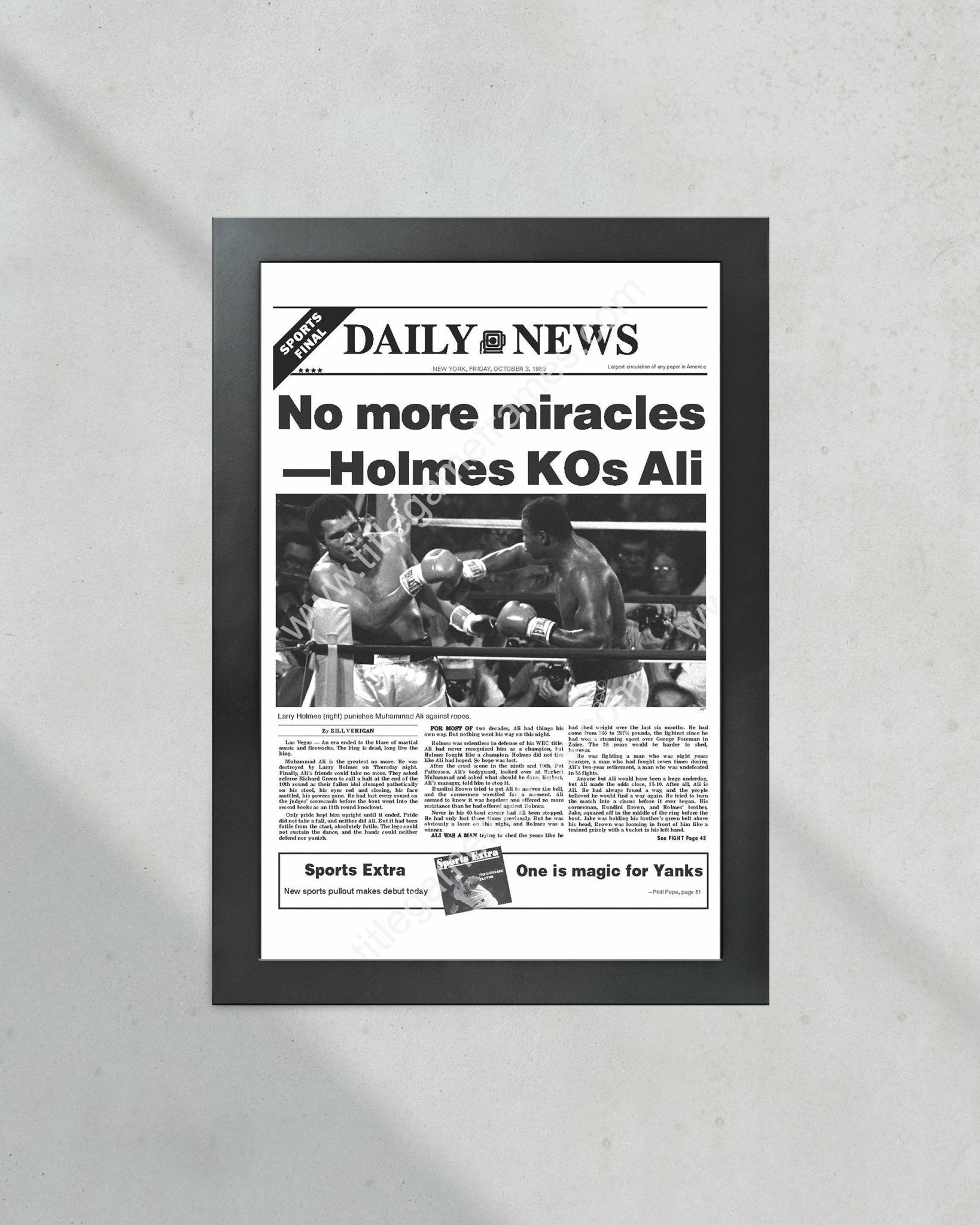 1980 Larry Holmes Defeats Muhammad Ali Heavyweight Championship Boxing Framed Front Page Newspaper Print - Title Game Frames