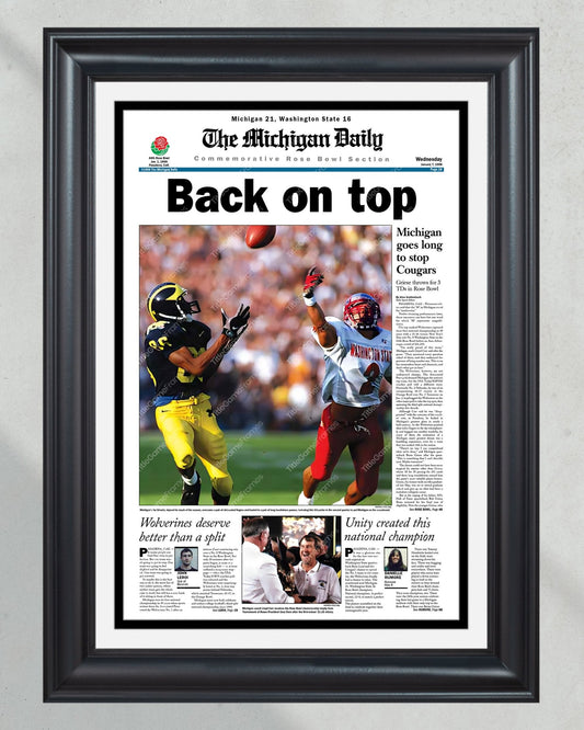 1997 Michigan Wolverines NCAA College Football National Champions 'Back on top' Framed Front Page Newspaper Print - Title Game Frames