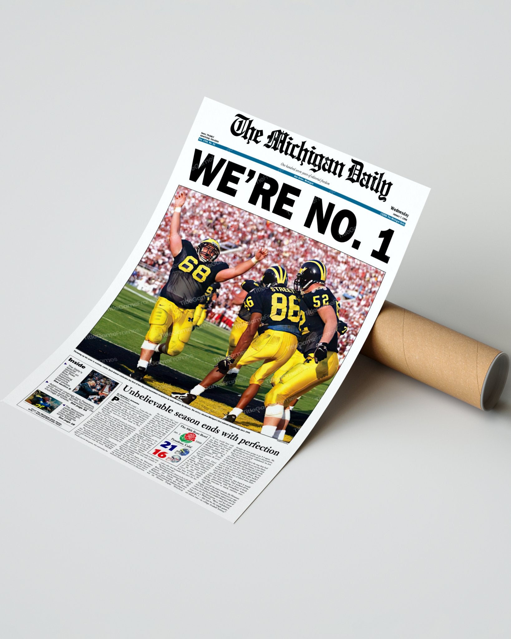 1997 Michigan Wolverines Rose Bowl Champions: 'WE'RE NO. 1' - Framed Newspaper Print - Title Game Frames
