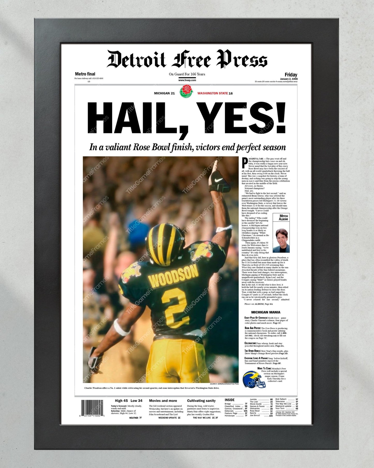 1997 Michigan Wolverines Rose Bowl Victory: 'HAIL, YES' - Framed Newspaper Print - Title Game Frames