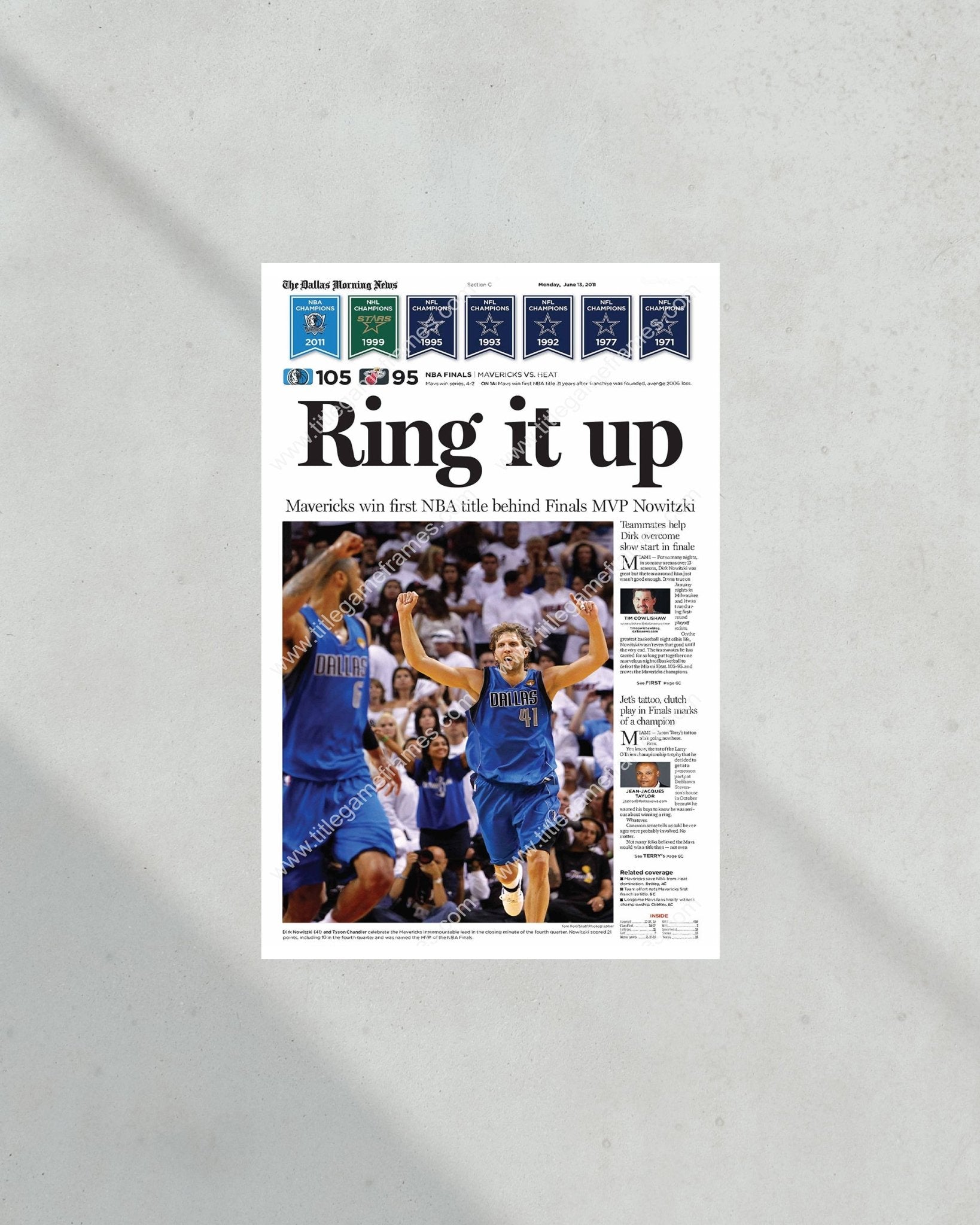 2011 Dallas Mavericks NBA Champion Framed Front Page Newspaper Print - Title Game Frames