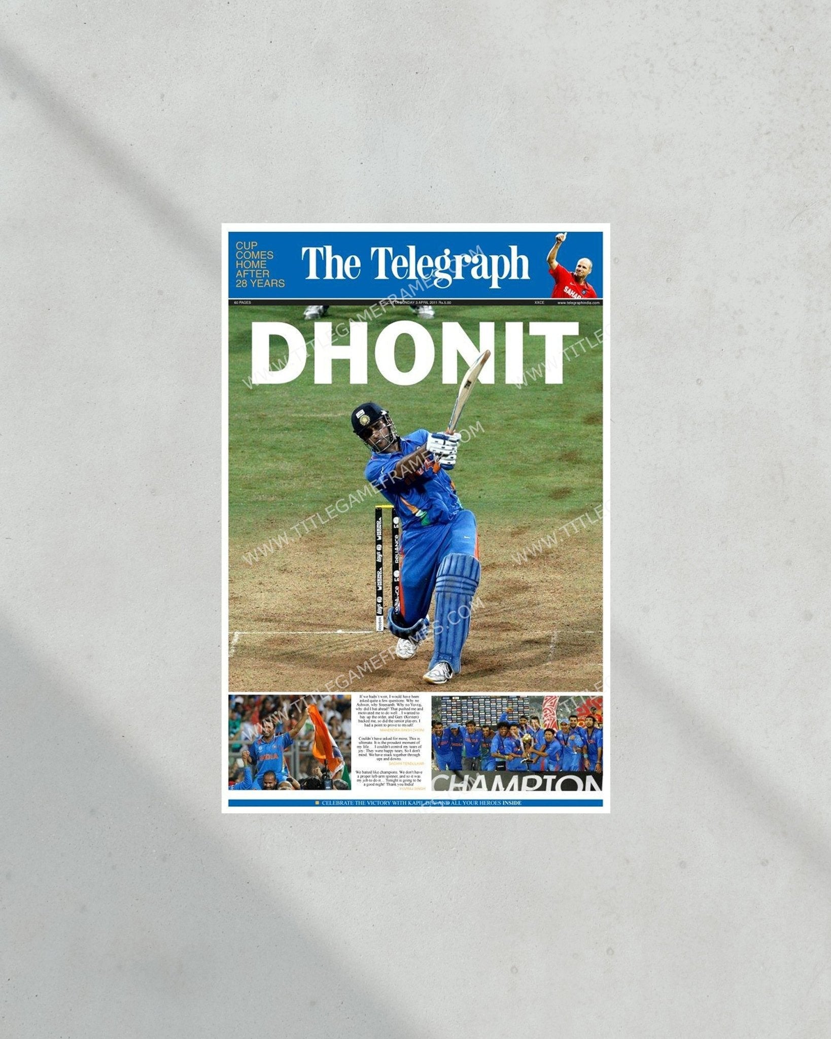 2011 India World Cup Cricket Champions Framed Newspaper Print Title