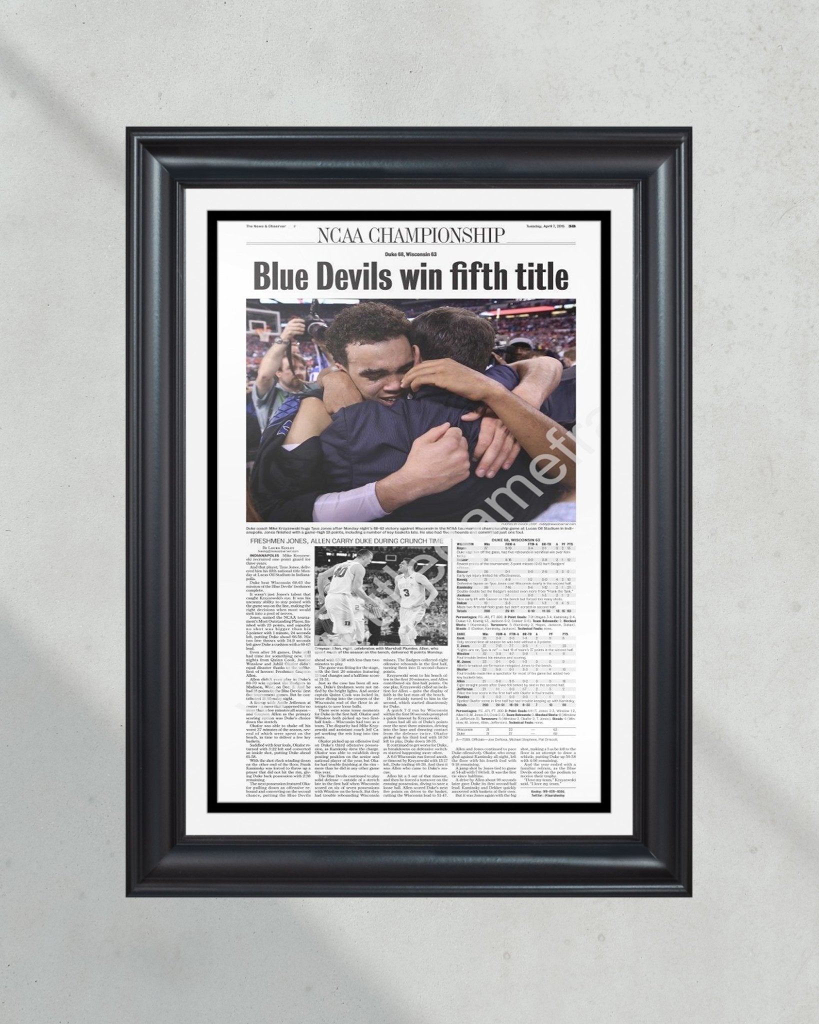 2015 Duke Blue Devils NCAA College Basketball National Champions Framed Front Page Newspaper Print - Title Game Frames
