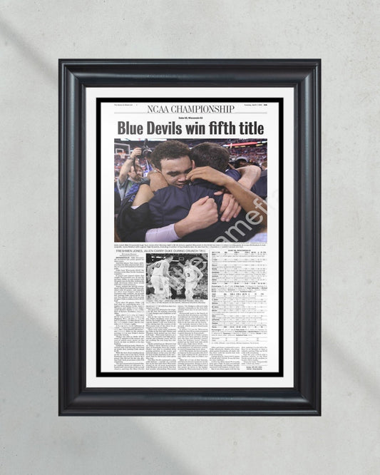 2015 Duke Blue Devils NCAA College Basketball National Champions Framed Front Page Newspaper Print - Title Game Frames