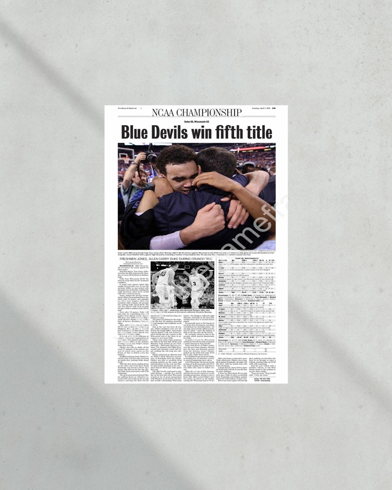 2015 Duke Blue Devils NCAA College Basketball National Champions Framed Front Page Newspaper Print - Title Game Frames