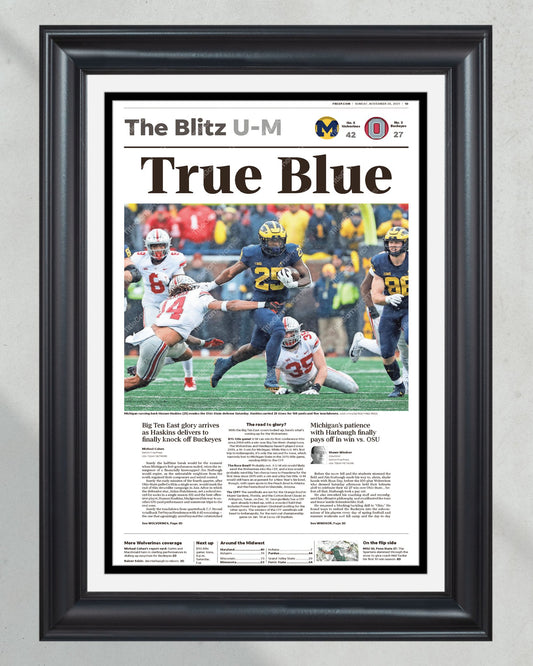 2021 Michigan Wolverines def. Ohio State Buckeyes 'True Blue' Front Page Newspaper Print - Title Game Frames