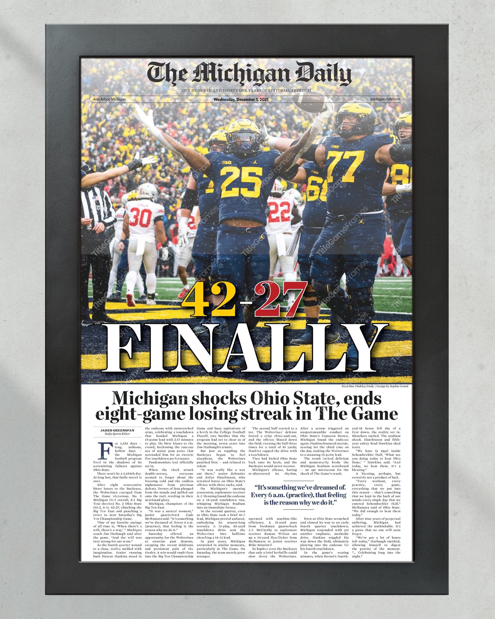 2021 Michigan Wolverines Defeat Ohio State: 42-27 'FINALLY' - Framed Print - Title Game Frames