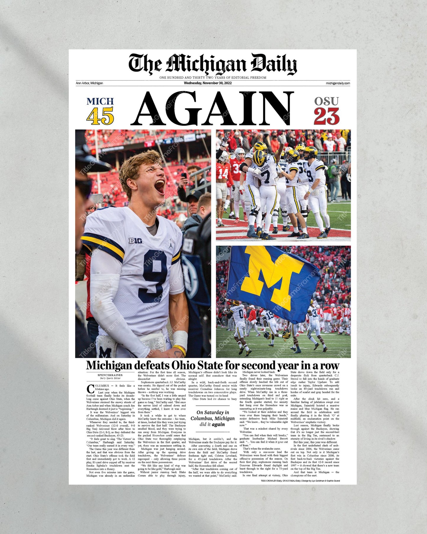 2022 Michigan Wolverines Defeat Ohio State: 'AGAIN' - Framed Newspaper Print - Title Game Frames