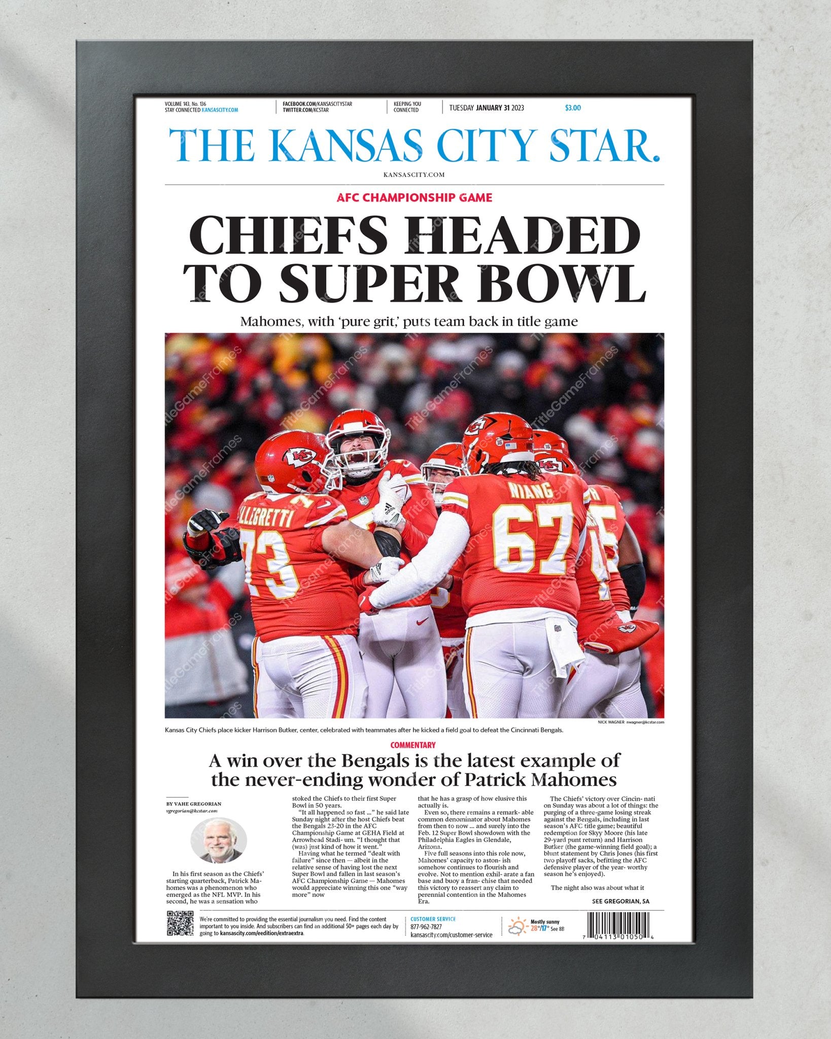 2023 Kansas City Chiefs 'Headed to Super bowl' AFC Champions Framed Front Page Newspaper - Title Game Frames