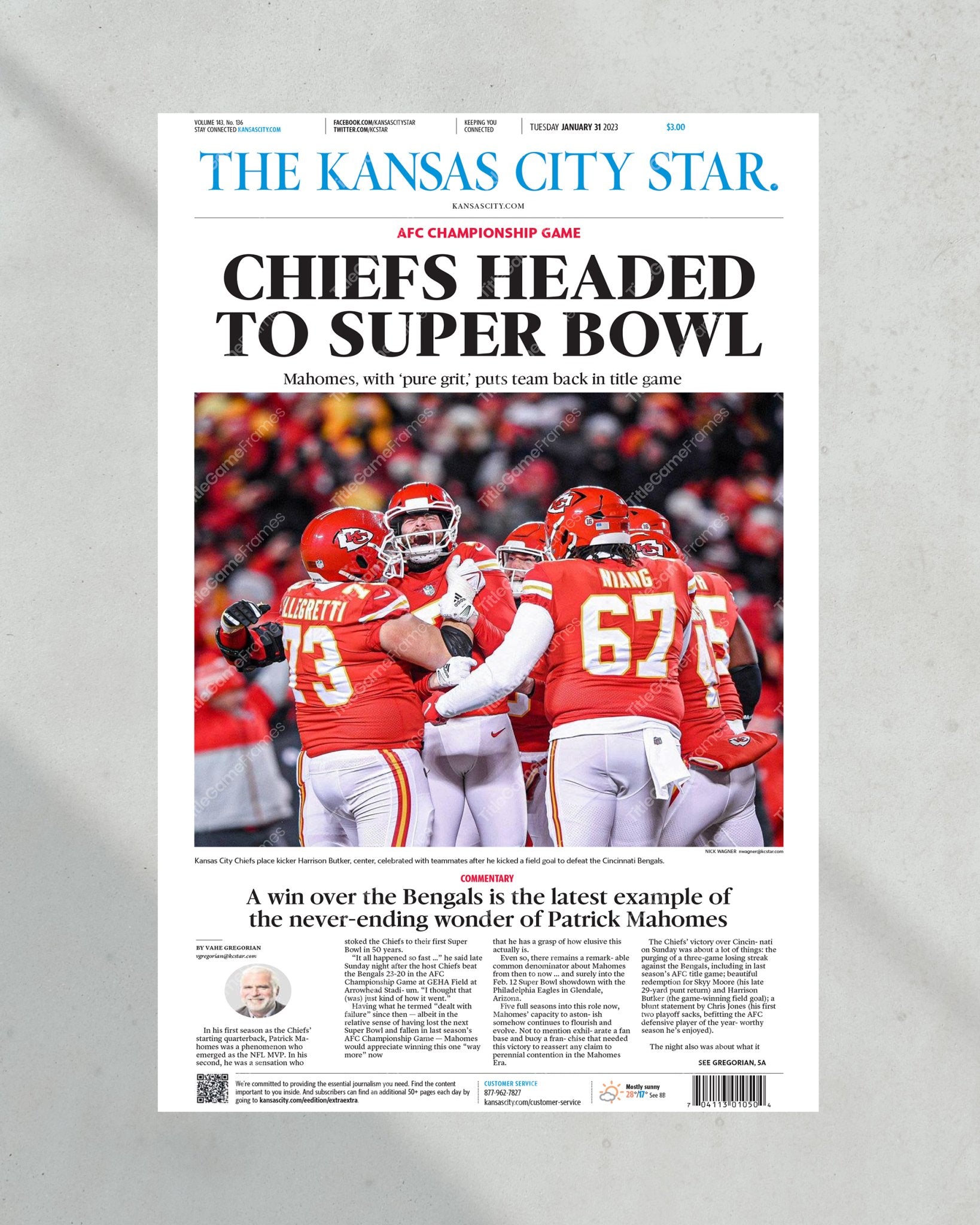 2023 Kansas City Chiefs 'Headed to Super bowl' AFC Champions Framed Front Page Newspaper - Title Game Frames