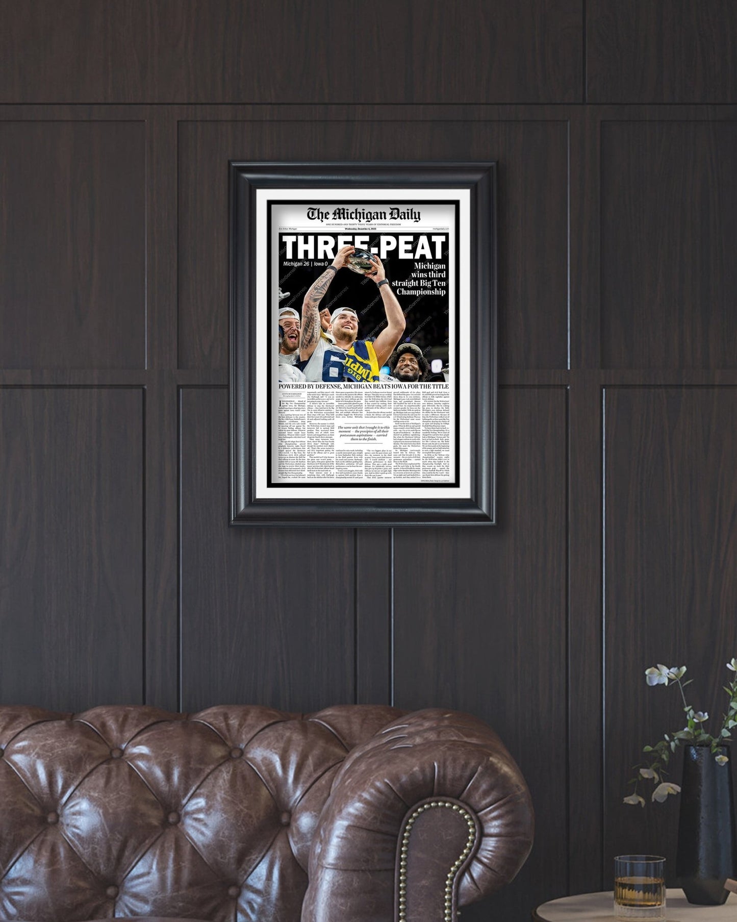 2023 Michigan Wolverines Big Ten Championship: 'THREE-PEAT' - Framed Newspaper Print - Title Game Frames