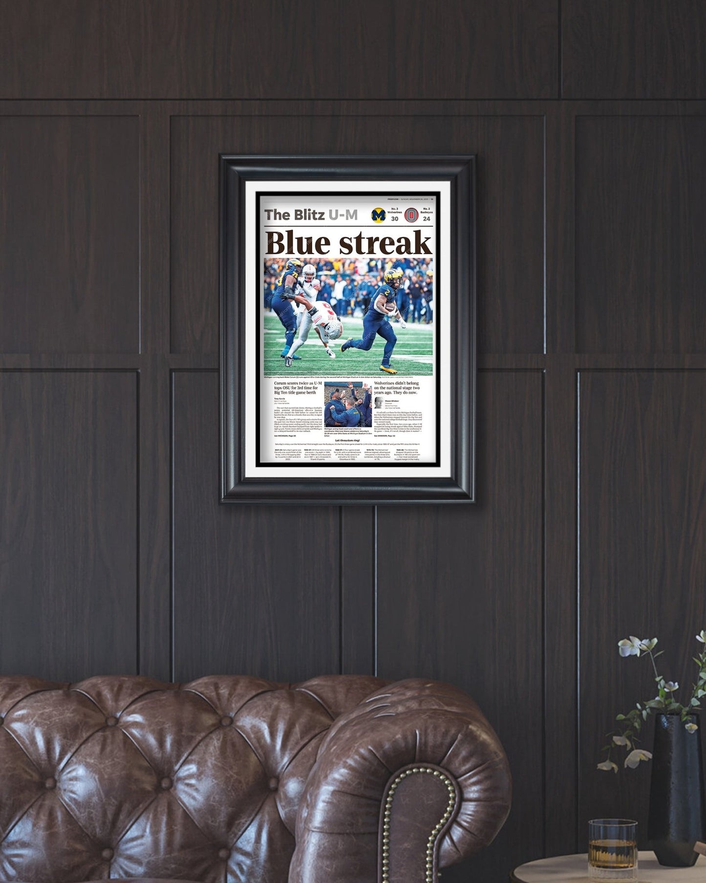 2023 Michigan Wolverines “Blue Streak” Defeat Ohio State Buckeyes Framed Newspaper Print - Title Game Frames