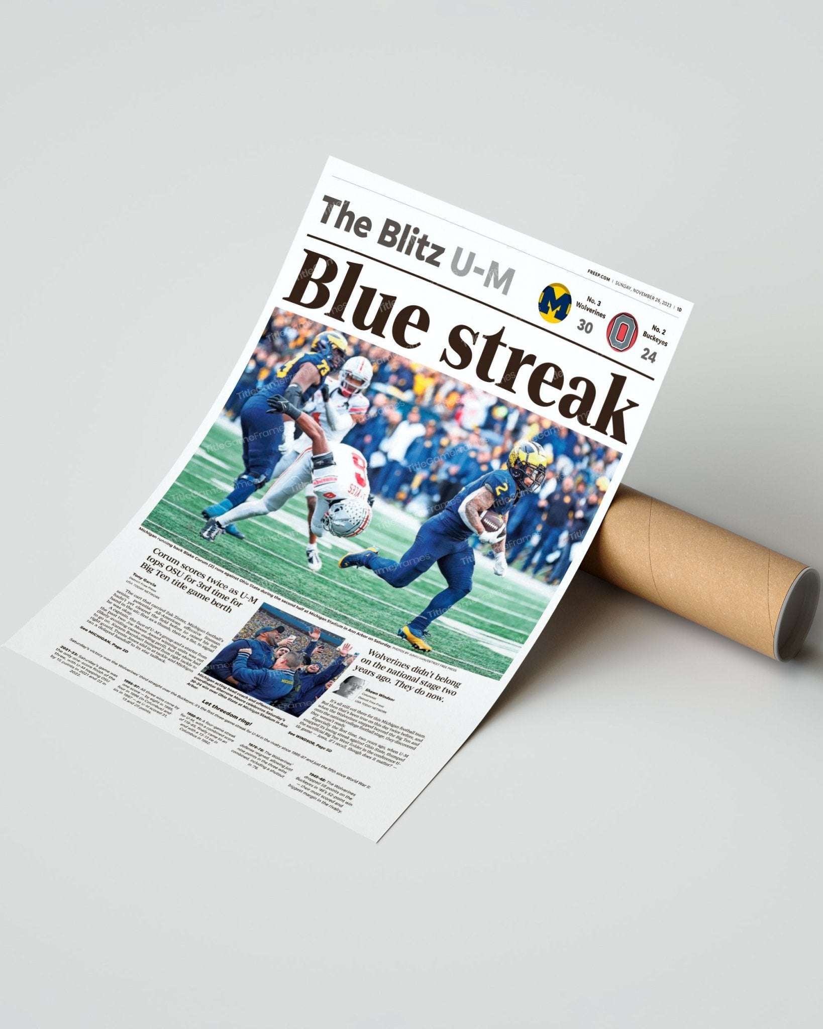 2023 Michigan Wolverines “Blue Streak” Defeat Ohio State Buckeyes Framed Newspaper Print - Title Game Frames