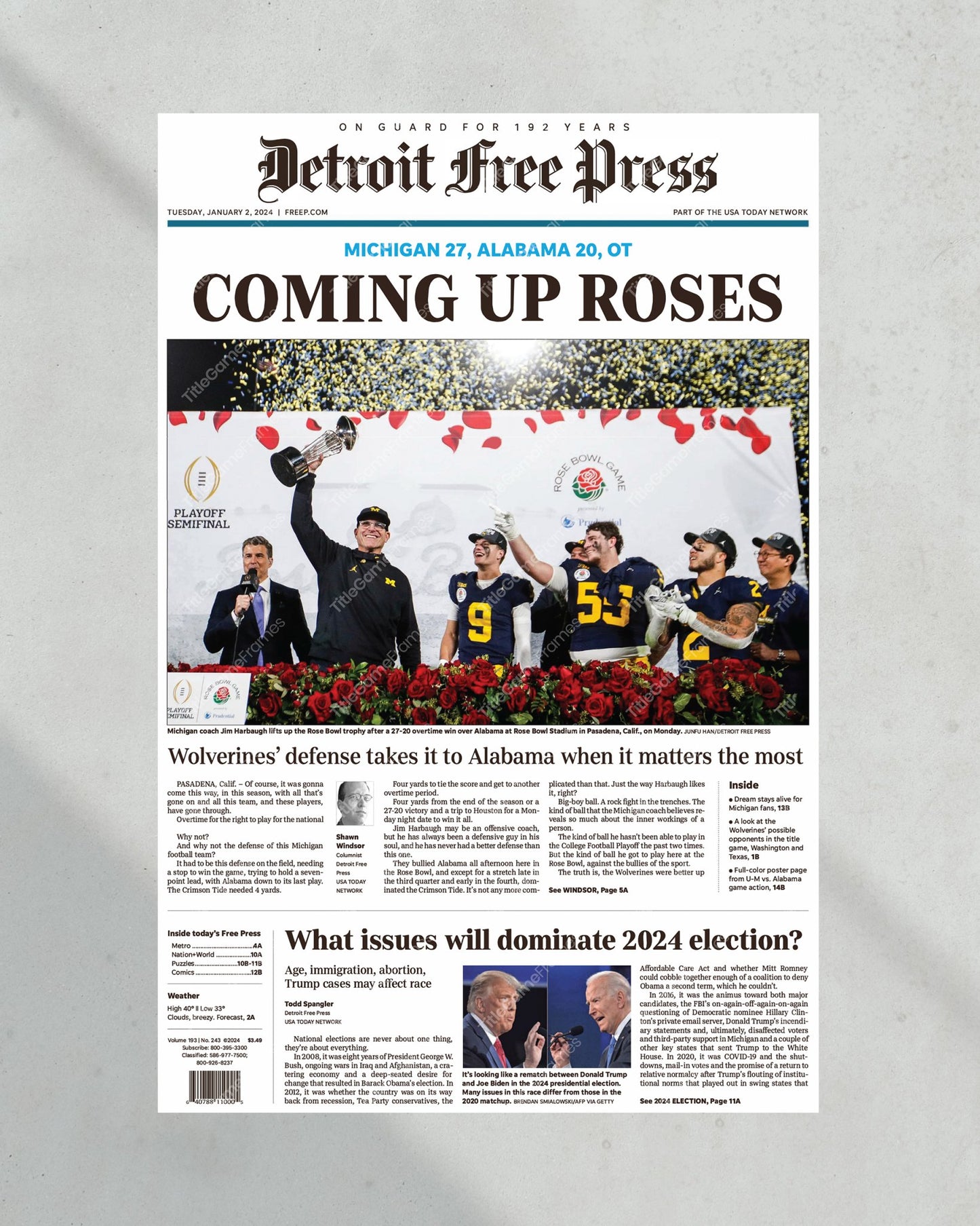 2023 Rose Bowl Champions: 'COMING UP ROSES' - Michigan Beats Alabama Framed Print - Title Game Frames