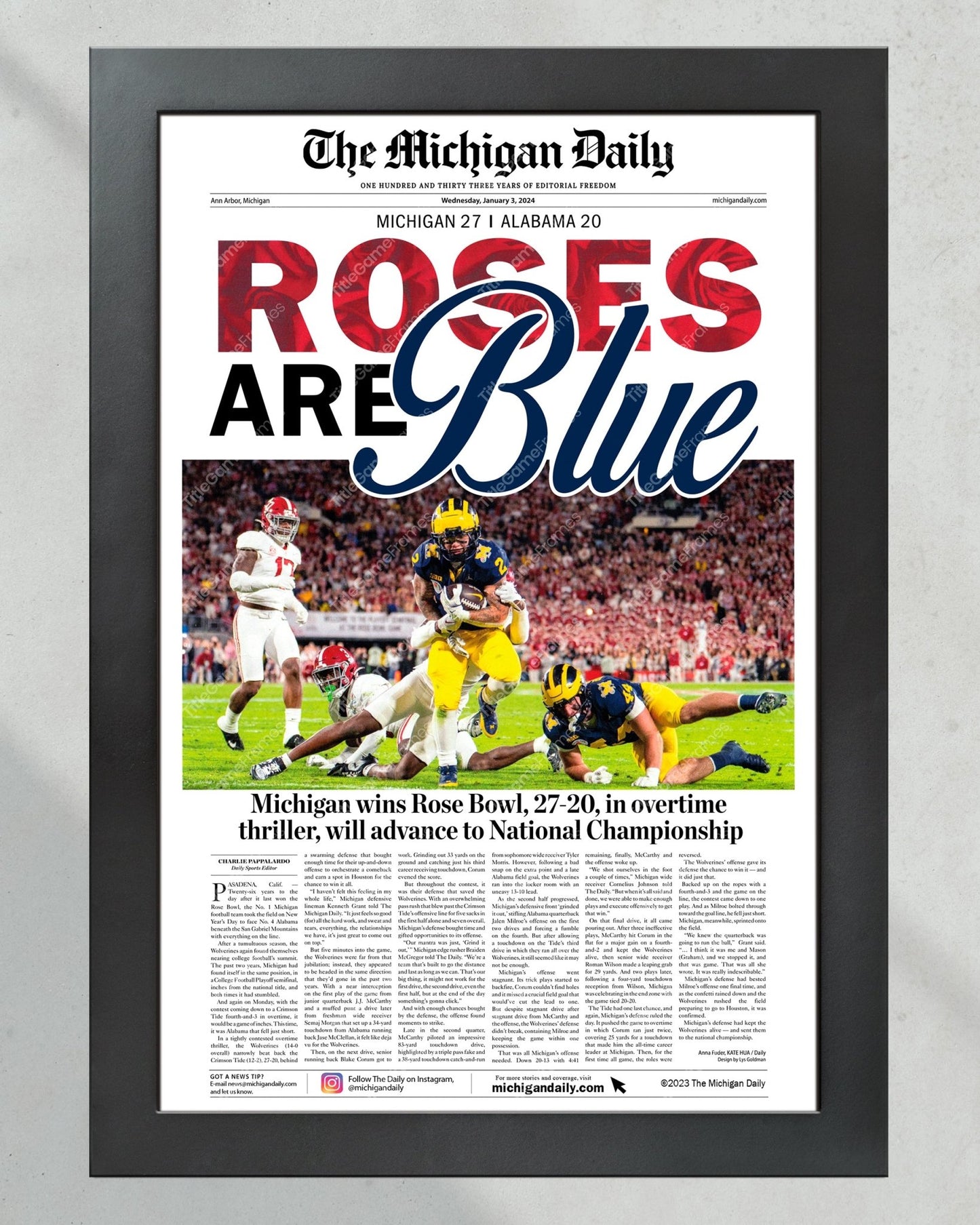 2023 Rose Bowl Victory: Michigan Wolverines Overcome Alabama - 'Roses are Blue' Commemorative Print - Title Game Frames
