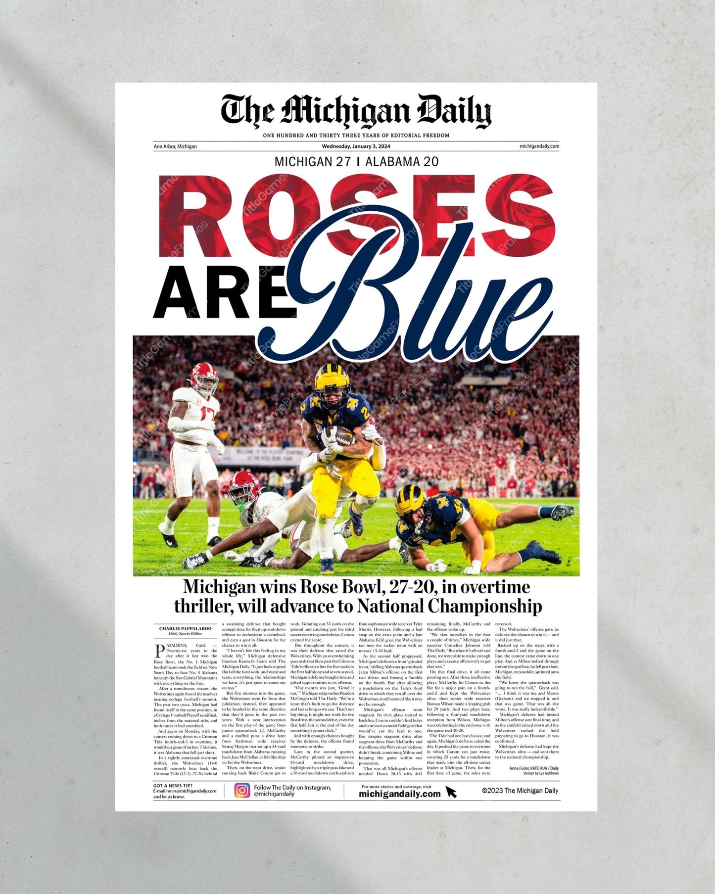 2023 Rose Bowl Victory: Michigan Wolverines Overcome Alabama - 'Roses are Blue' Commemorative Print - Title Game Frames