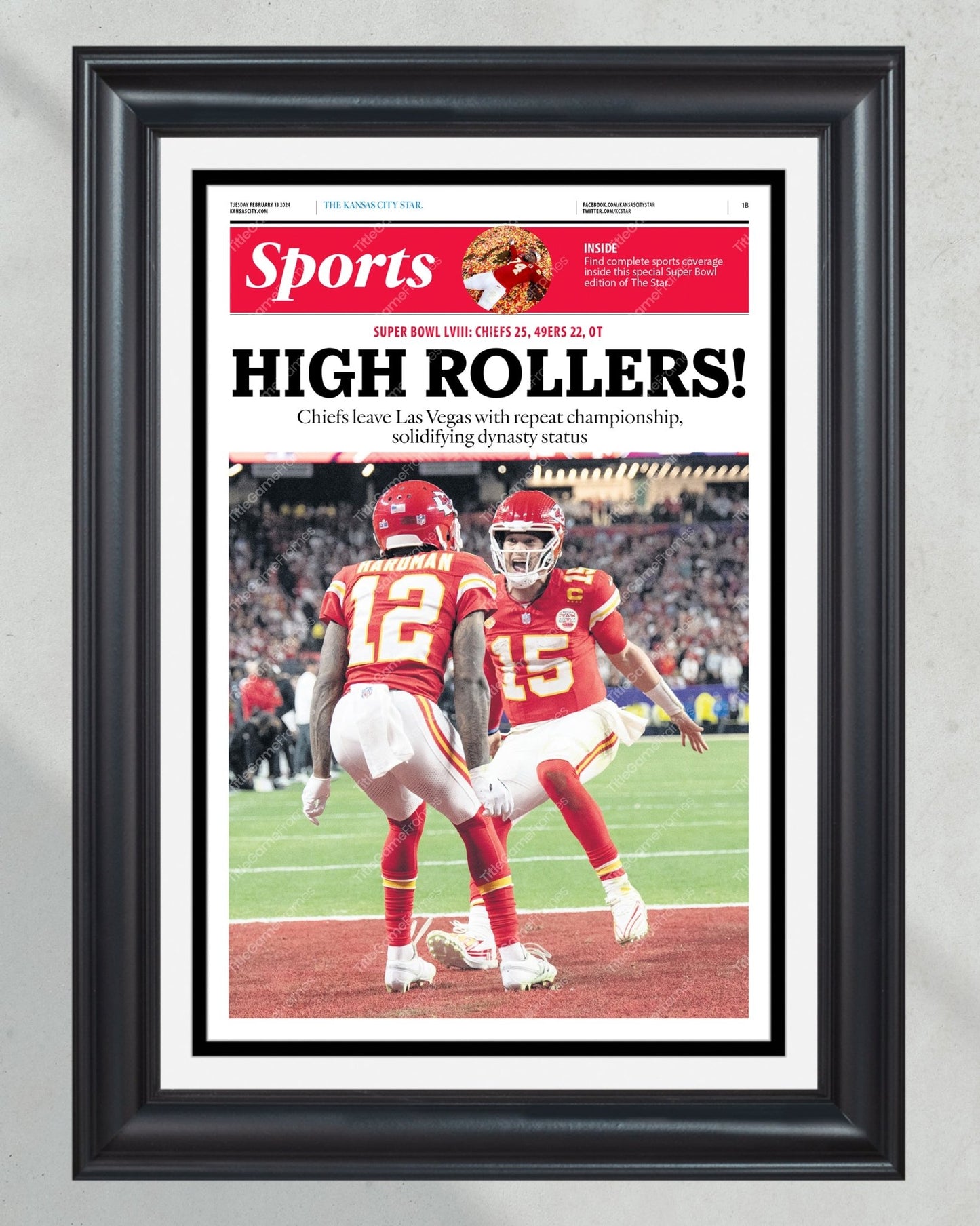 2024 Kansas City Chiefs Super Bowl LVIII Champions 'HIGH ROLLERS!' Framed Newspaper Print - Title Game Frames