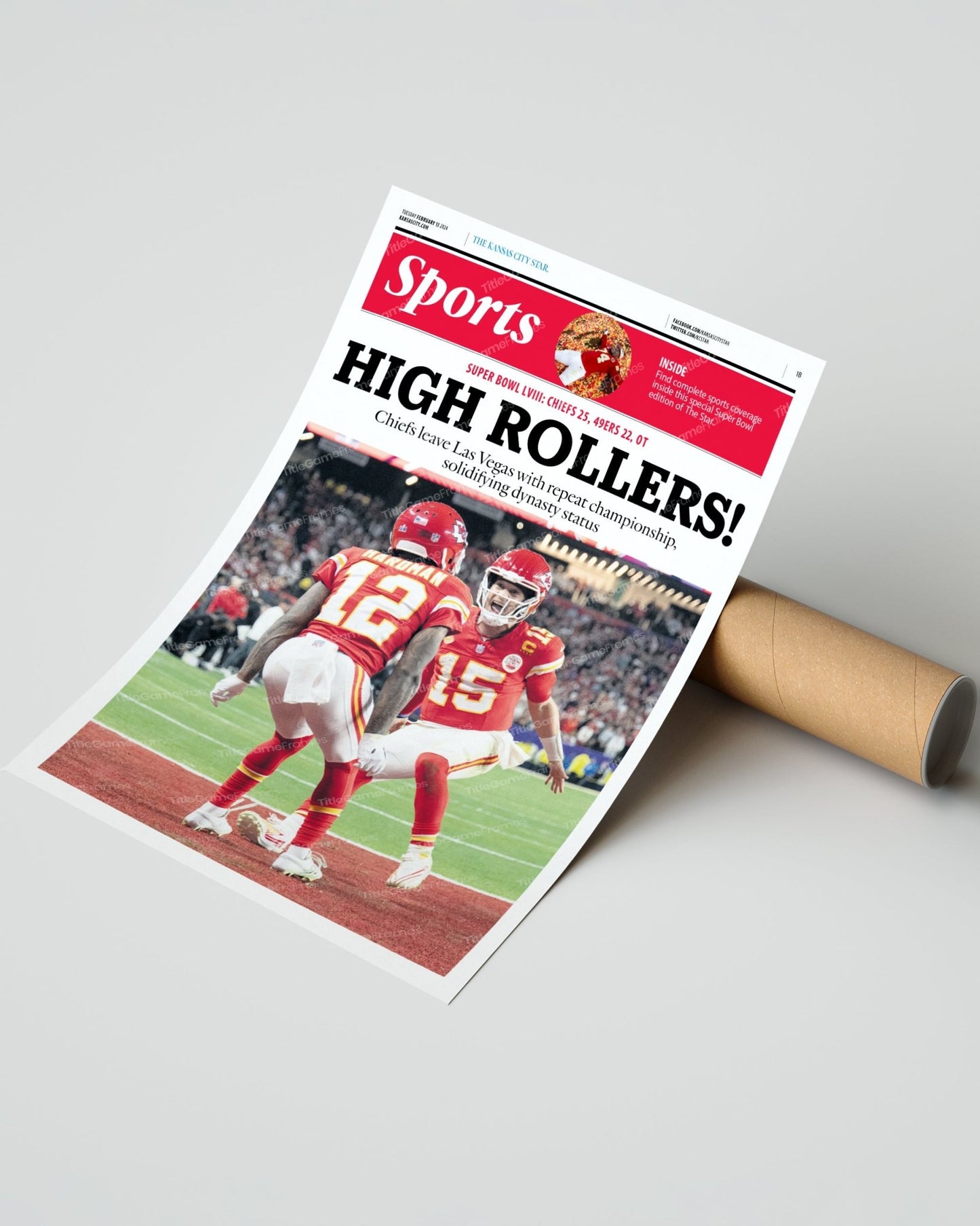 2024 Kansas City Chiefs Super Bowl LVIII Champions 'HIGH ROLLERS!' Framed Newspaper Print - Title Game Frames