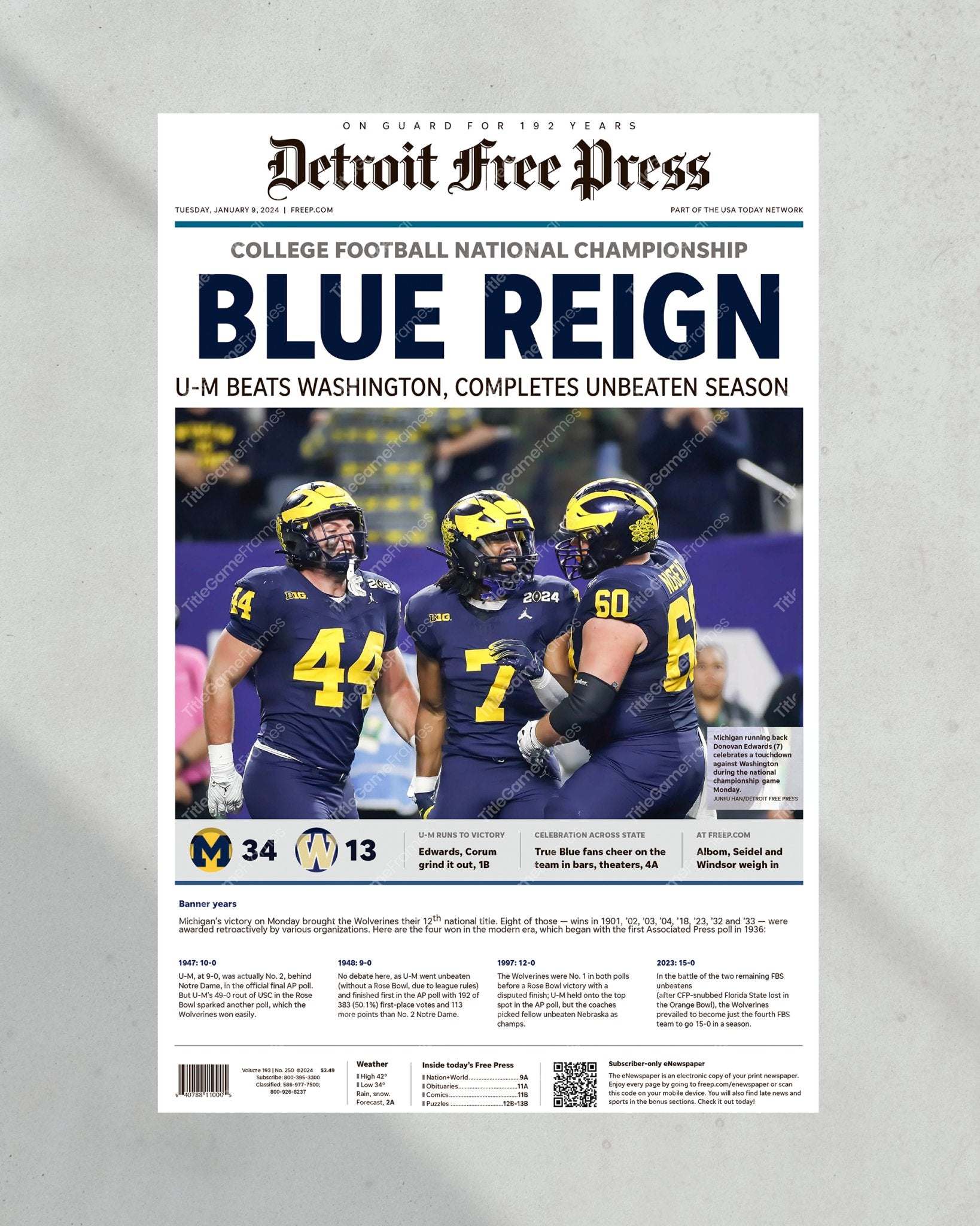 2024 Michigan Wolverines National Championship: 'Blue Reign' - Framed Newspaper Print - Title Game Frames