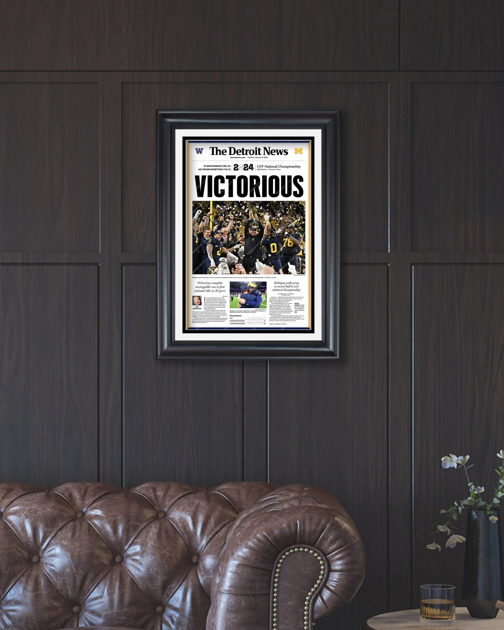 2024 Michigan Wolverines' VICTORIOUS' National Championship - Commemorative Framed Newspaper - Title Game Frames