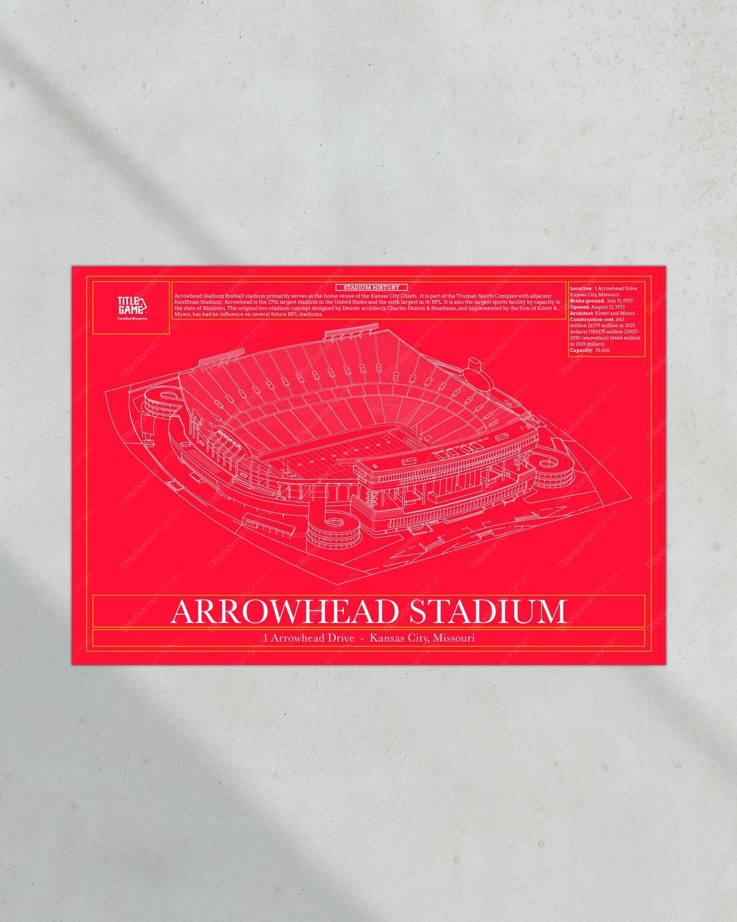 Kansas City Chiefs Arrowhead Stadium Blueprint Football Wall Art - Title Game Frames