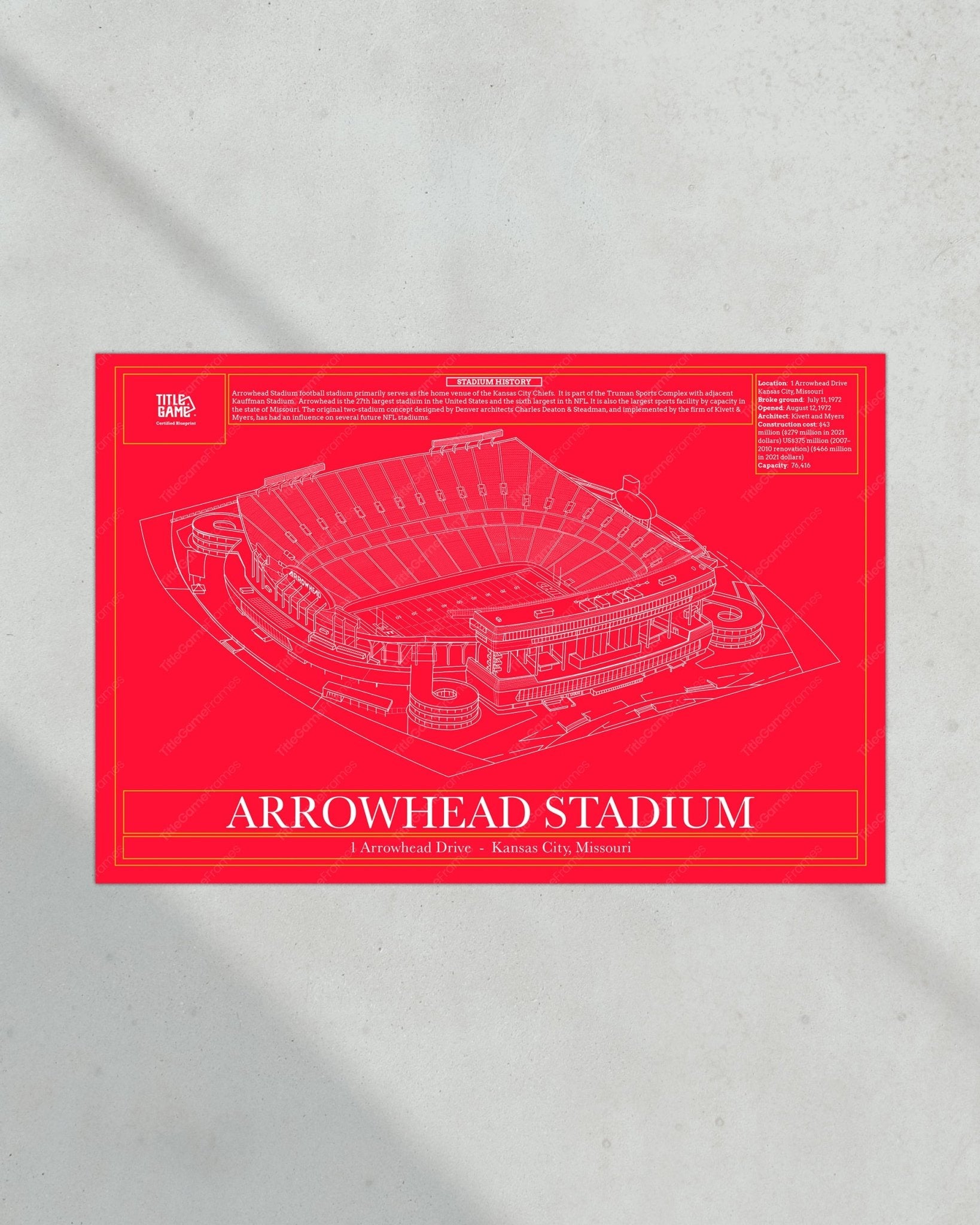Kansas City Chiefs Arrowhead Stadium Blueprint Football Wall Art - Title Game Frames