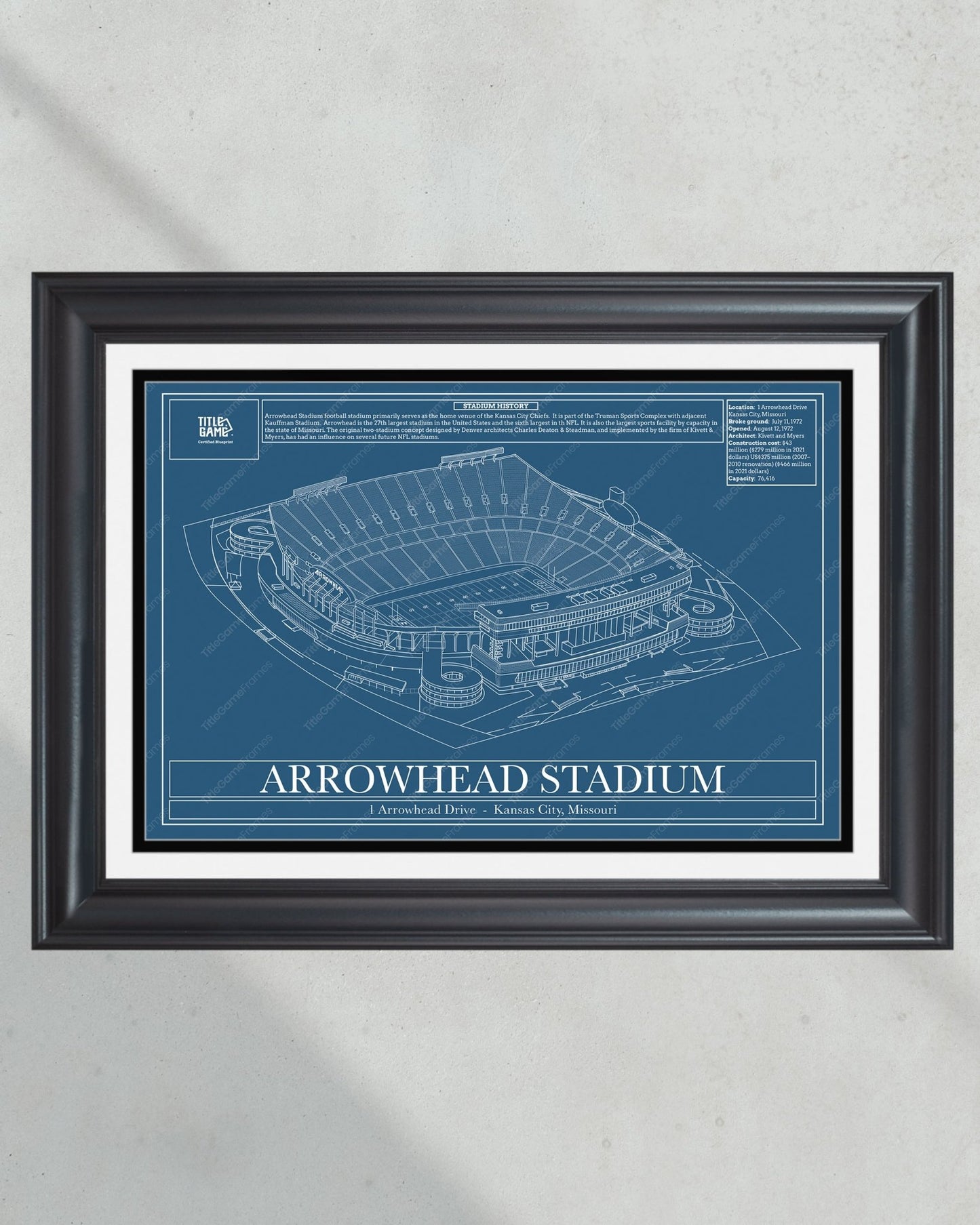 Kansas City Chiefs Arrowhead Stadium Blueprint Football Wall Art - Title Game Frames