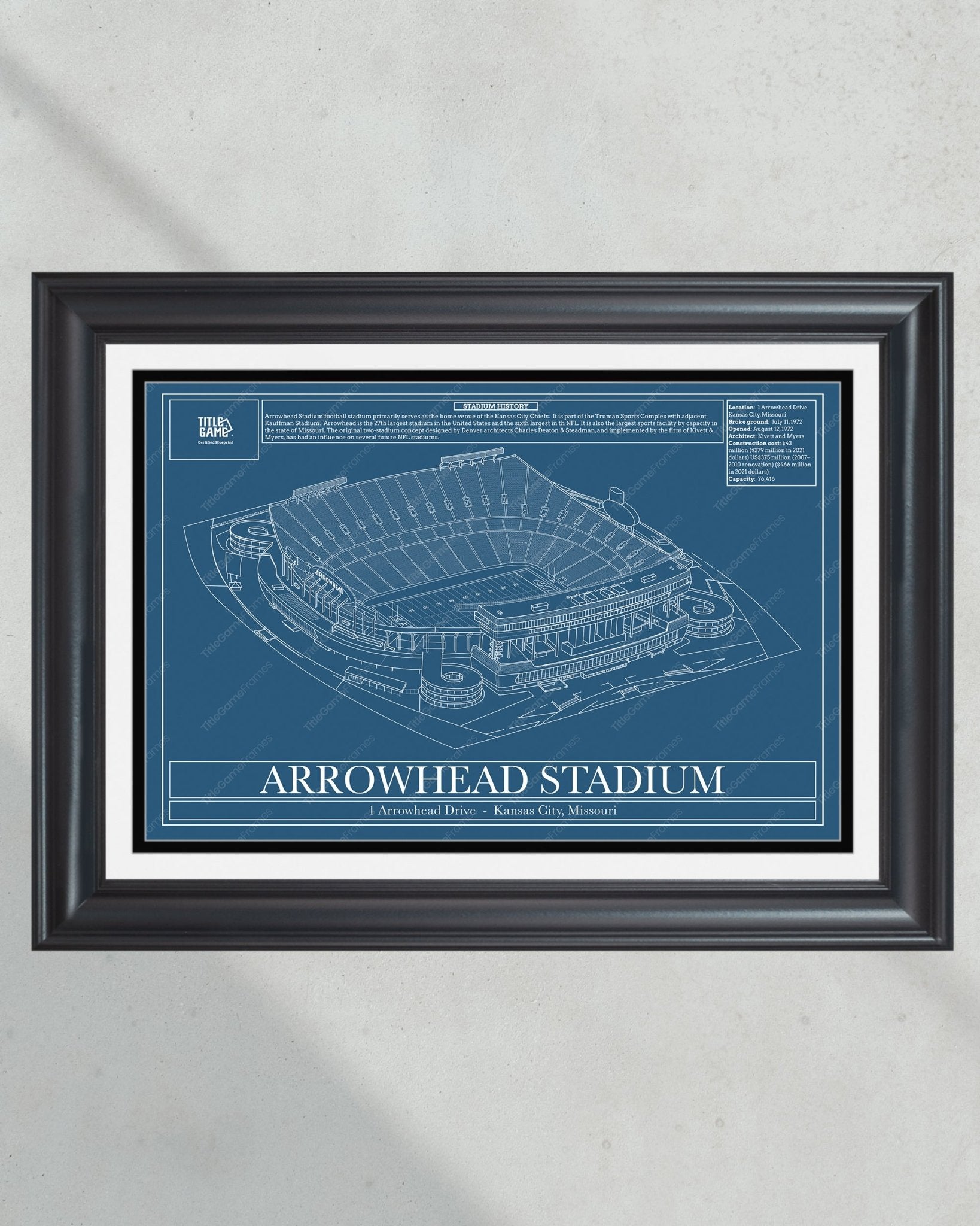 Kansas City Chiefs Arrowhead Stadium Blueprint Football Wall Art - Title Game Frames