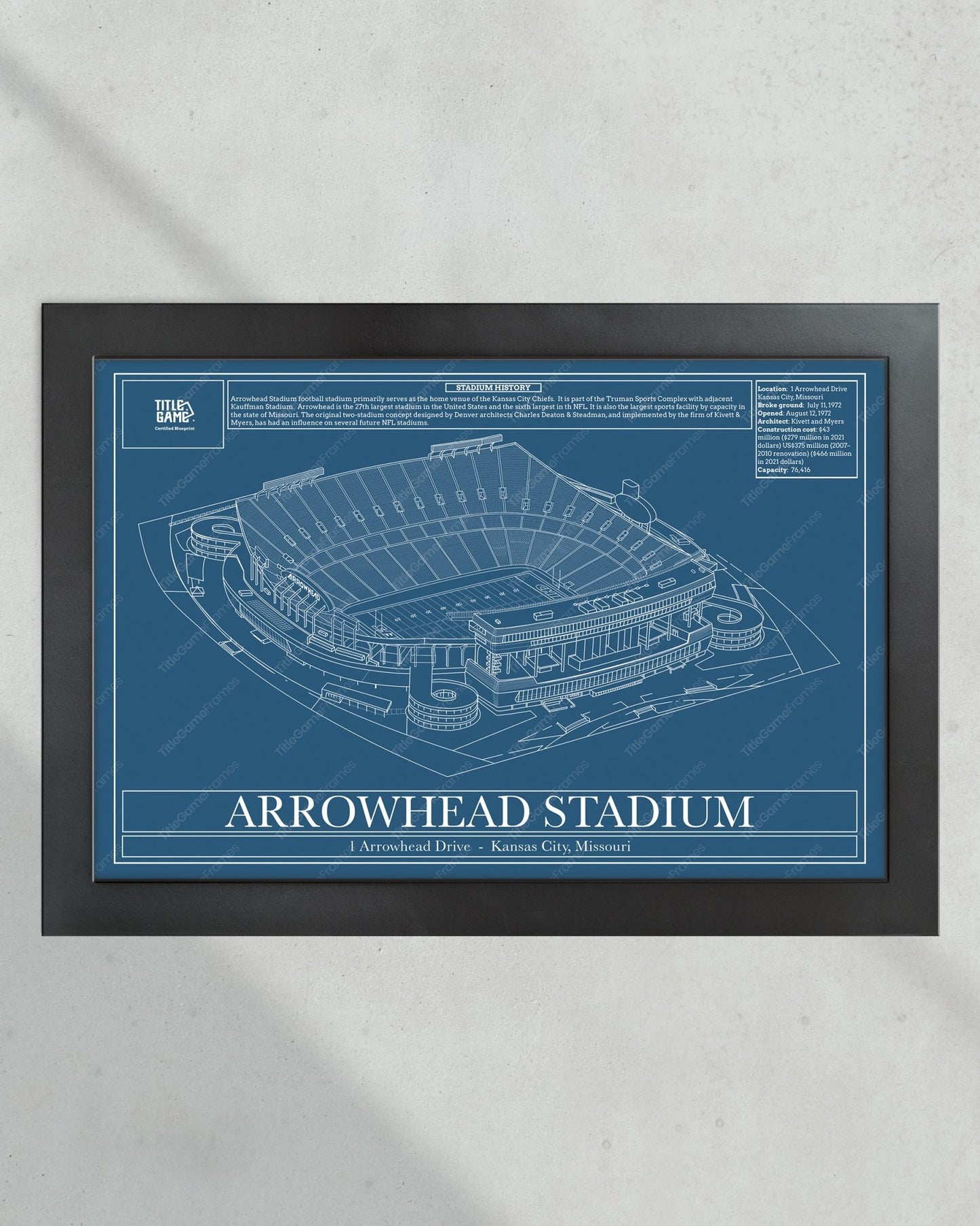 Kansas City Chiefs Arrowhead Stadium Blueprint Football Wall Art - Title Game Frames