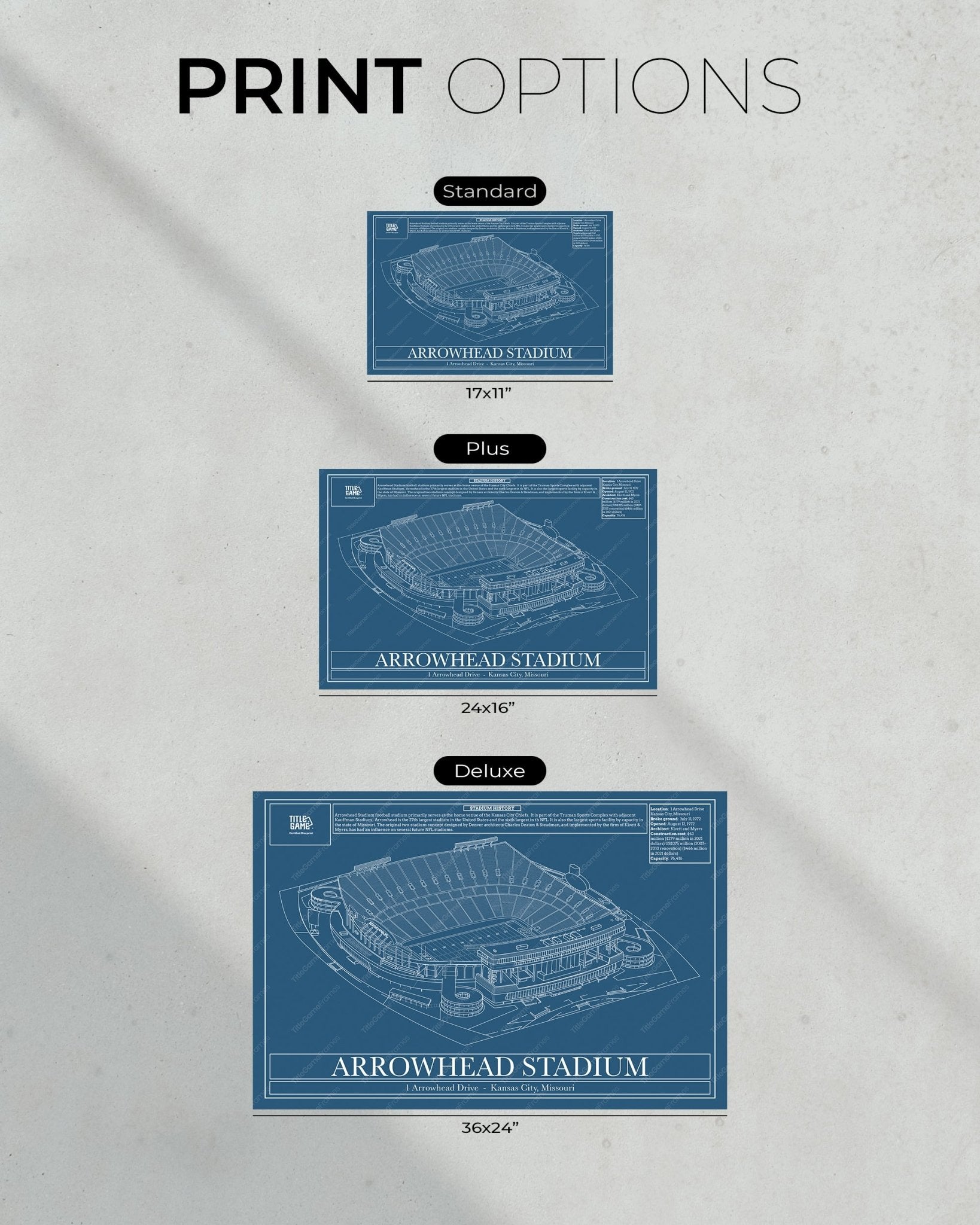Kansas City Chiefs Arrowhead Stadium Blueprint Football Wall Art - Title Game Frames