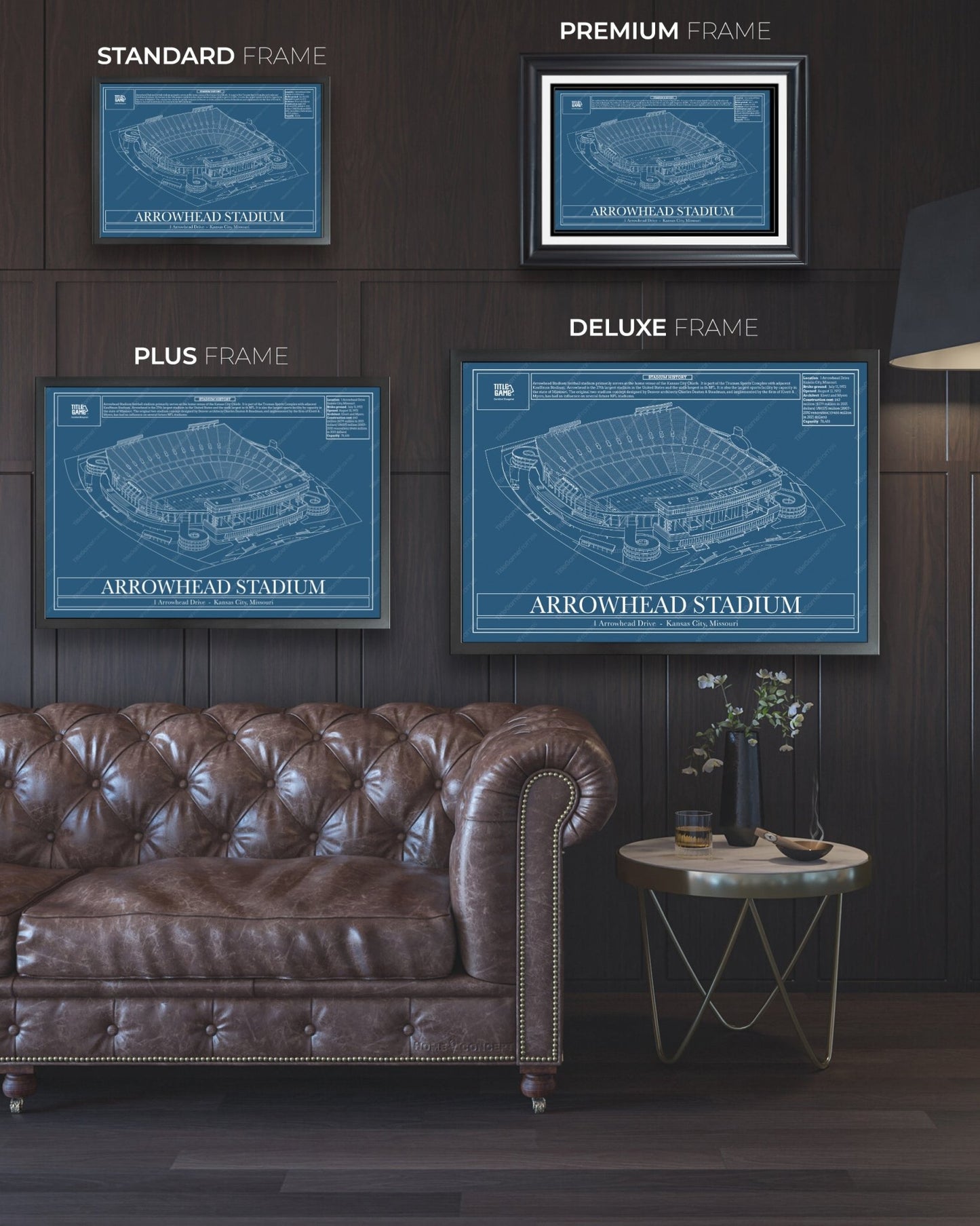 Kansas City Chiefs Arrowhead Stadium Blueprint Football Wall Art - Title Game Frames