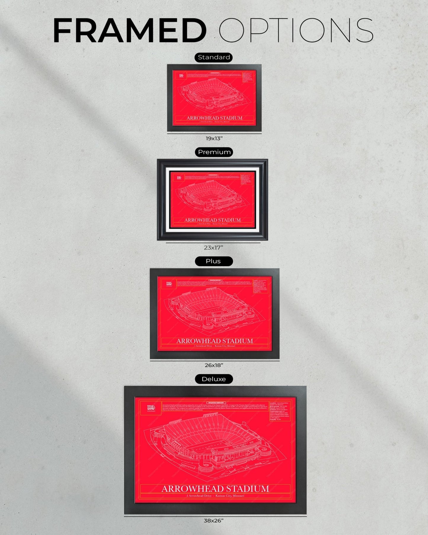 Kansas City Chiefs Arrowhead Stadium Blueprint Football Wall Art - Title Game Frames