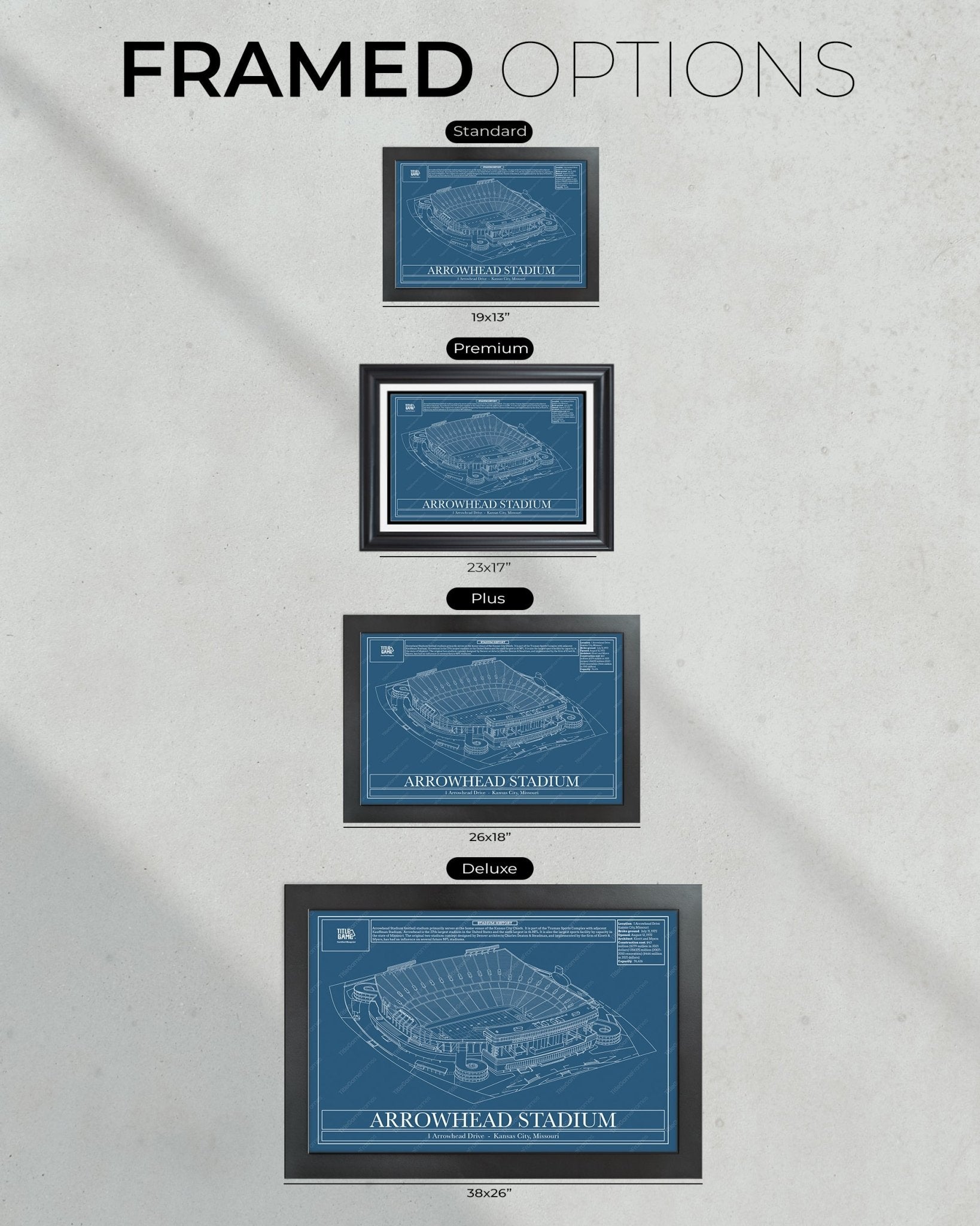 Kansas City Chiefs Arrowhead Stadium Blueprint Football Wall Art - Title Game Frames