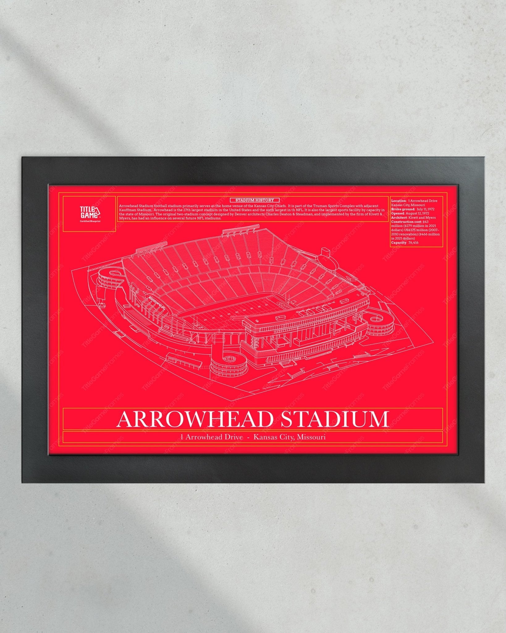 Kansas City Chiefs Arrowhead Stadium Blueprint Football Wall Art - Title Game Frames