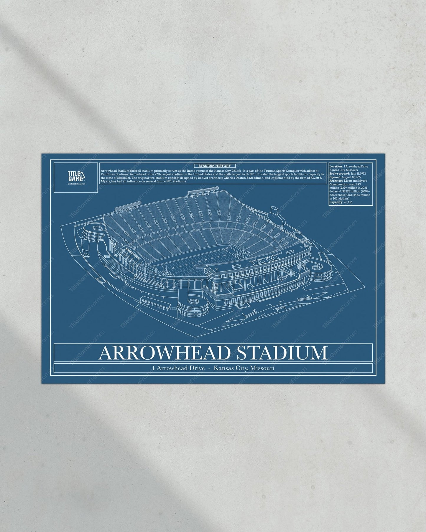 Kansas City Chiefs Arrowhead Stadium Blueprint Football Wall Art - Title Game Frames