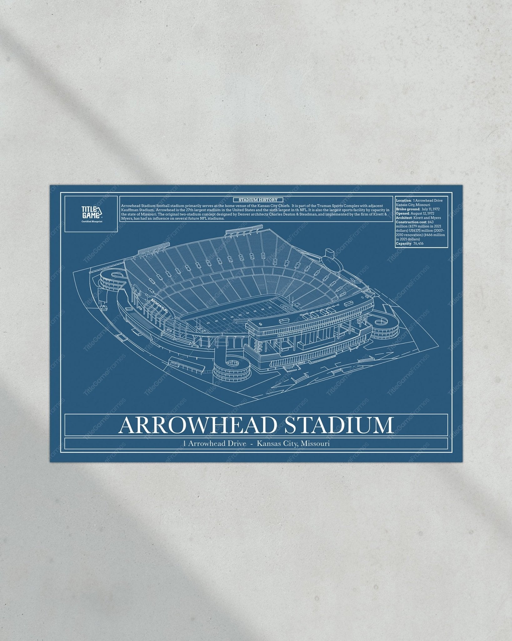 Kansas City Chiefs Arrowhead Stadium Blueprint Football Wall Art - Title Game Frames